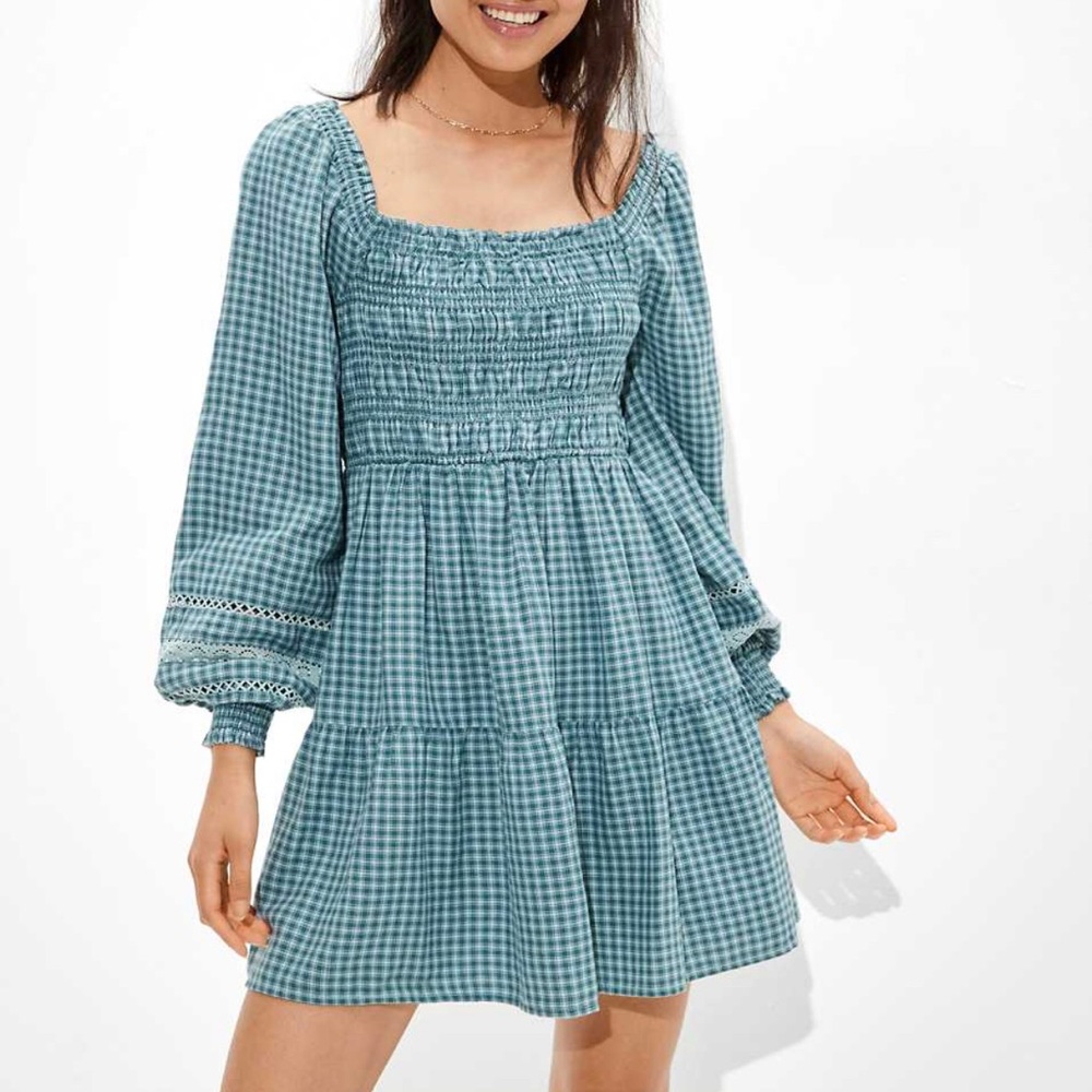 American Eagle AE Plaid Long-Sleeve Smocked Mini Dress